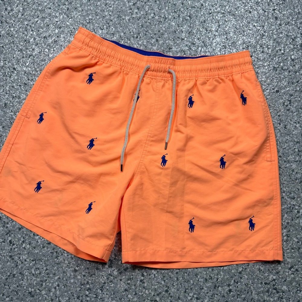 Polo Ralph Lauren Swim Trunks Men's Medium Orange Pony AOP Preppy Surf Swim